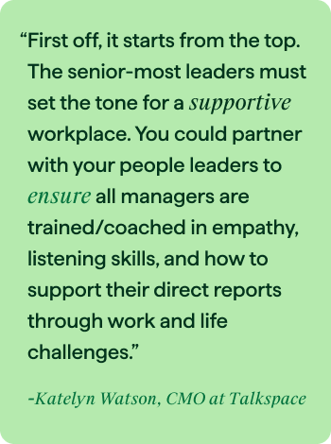 Hunt Club branded image of a quote from Katelyn Watson, CMO at Talkspace on how mental health in the workplace starts from the top leadership