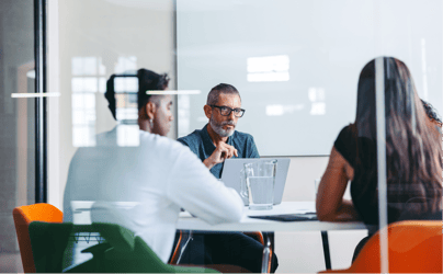 Group of professionals talking in a meeting.