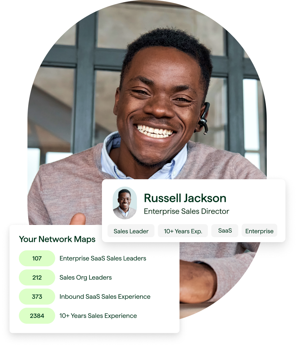 Portrait of man smiling with a headset overlayed with an image tile displaying the man's name, title, and professional attributes. There is a second image tile that shows a venture firm's network map.