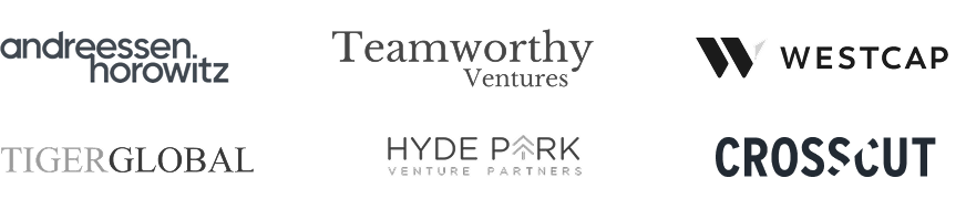 Small banner collage of company logos: Andreesseen Horowitz, Teamworthy Ventures, WestCap, TigerGlobal, Hyde Park, Crosscut