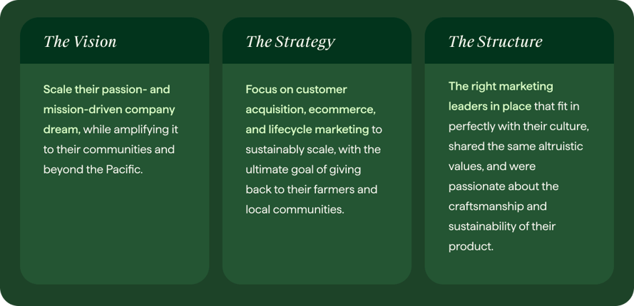 Hunt Club-branded 3-column chart that lists Big Island Coffee Roasters' Vision, Strategy, Structure