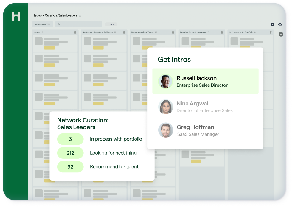 Atlas TRM webpage overlayed with an image tile displaying three people Atlas is recommending for introductions along with an image tile that outlines who is in the firm's network.