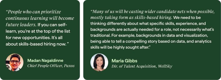 Hunt Club branded banner with 2 quotes from talent leaders about skills-based learning