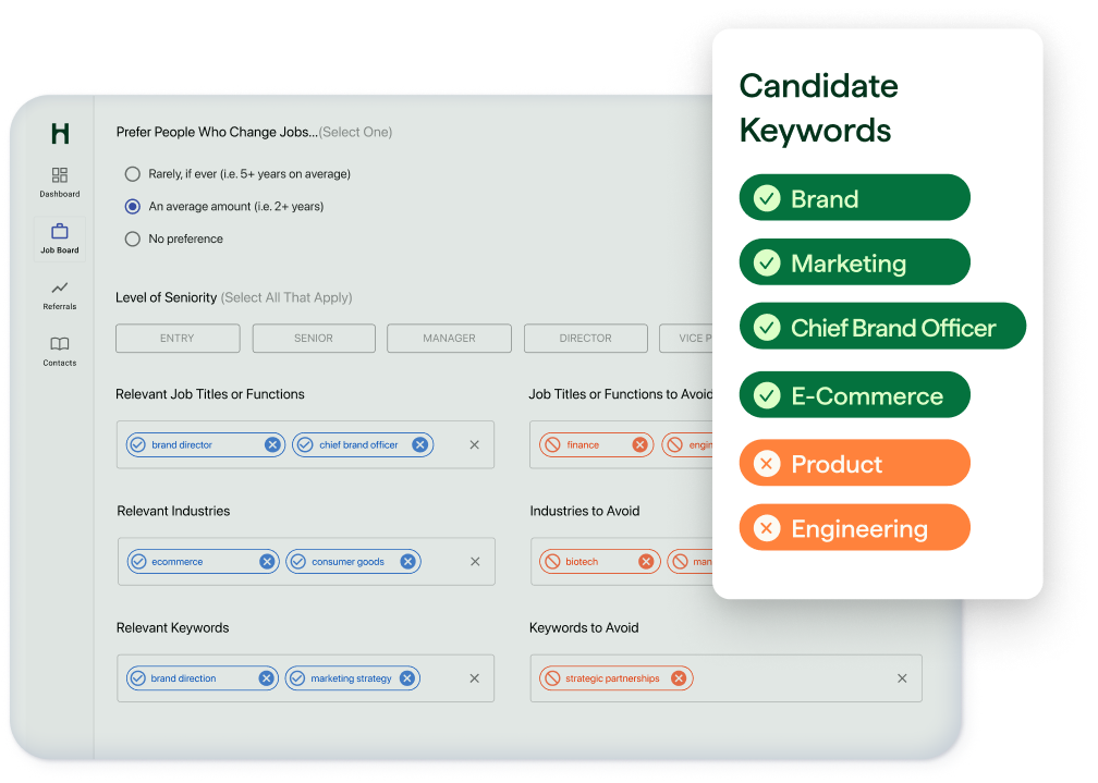 Hunt Club product shot of candidate matching machine learning process with candidate keywords