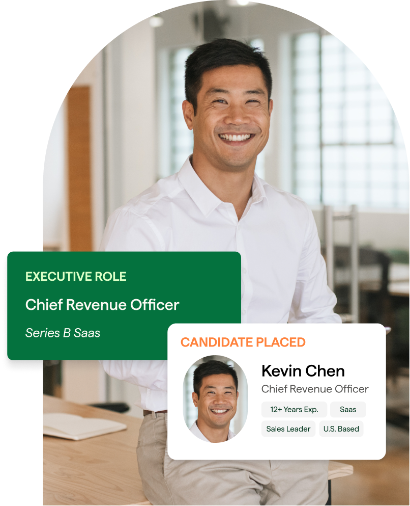 Portrait of business man smiling with a product overlay about an executive role placed for a Chief Revenue Officer