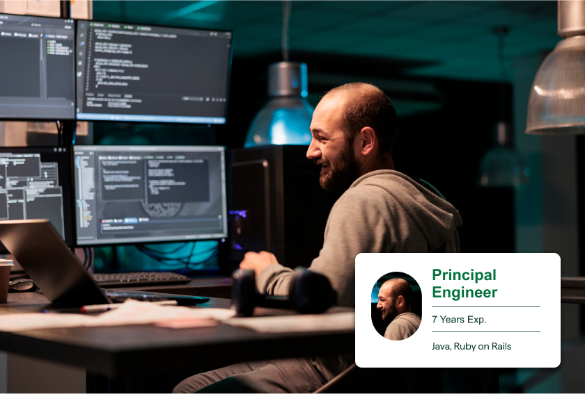 Hunt Club product overlay on image of man in sweatshirt sitting in front of five computers with code on screen