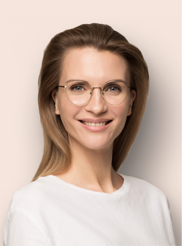 portrait of a business woman with glasses and a white shirt smiling
