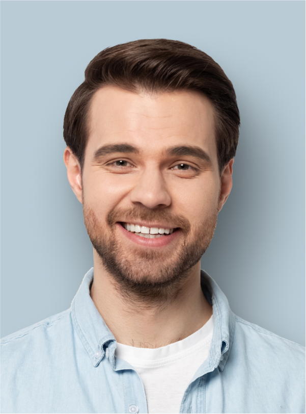 portrait of man in blue shirt smiling