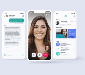 product shot of Talkspace online mental health therapy platform - 3 cellphones showing Talkspace interface