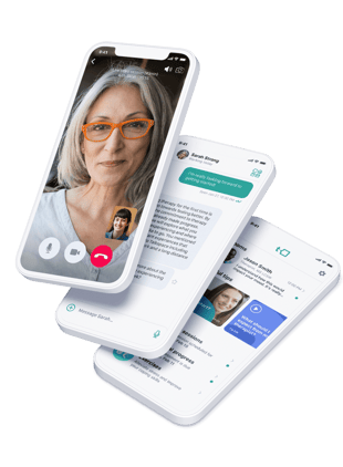 product shot of Talkspace online mental health therapy platform - 3 cellphones showing Talkspace interface