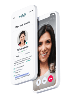 product shot of Talkspace online mental health therapy platform - 2 cellphones showing Talkspace interface